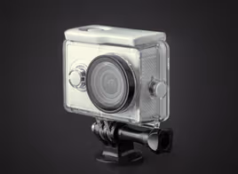 Small camera in a waterproof case secured to a mount