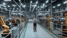 Engineer walking around a automotive manufacturing plant with a laptop